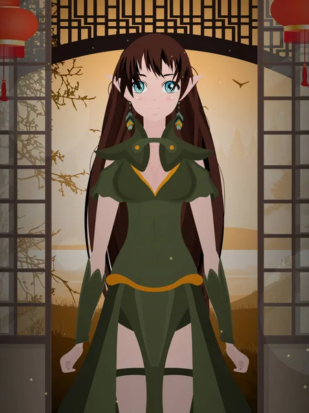 Dame Grünen Anzug Mit Holzstab Der Hand Anime Mädchen Cartoon — Stockvektor