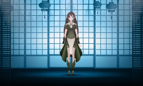 Damen Grön Kostym Med Trästav Händerna Anime Flicka Tecknad Stil — Stock vektor