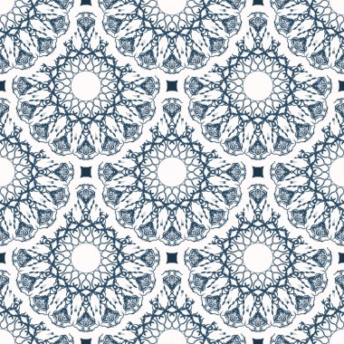 Geçmişe dönük kusursuz desenler. Beyaz ve mavi renkli arka plan. Duvar kağıdına iyi gelir. Vektör.