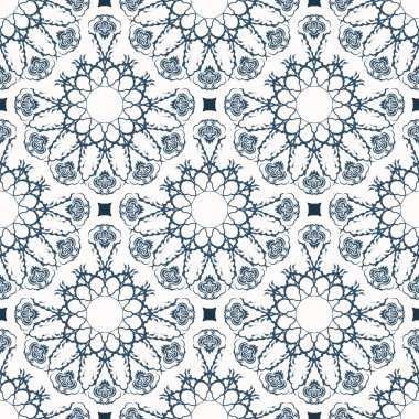 Geçmişe dönük kusursuz desenler. Beyaz ve mavi renkli arka plan. Duvar kağıdına iyi gelir. Örtü illüstrasyonu.