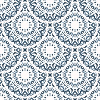 Monogramlı lüks, pürüzsüz bir desen. Beyaz ve mavi renkli arka plan. Kartpostallar için iyi. Vektör.