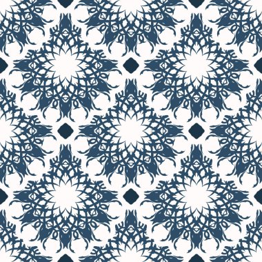 Monogramlı kusursuz desen. Beyaz ve mavi renkli arka plan. Kartpostallar için iyi. Örtü illüstrasyonu.