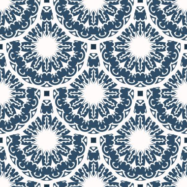 Monogramlı kusursuz desen. Beyaz ve mavi renkli arka plan. Parmak izi için iyi. Örtü illüstrasyonu.