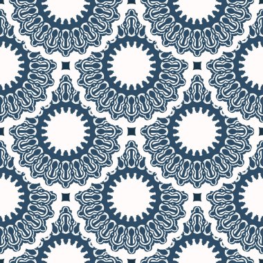 Monogramlı lüks, pürüzsüz bir desen. Beyaz ve mavi renkli arka plan. Kartpostallar için iyi. Örtü illüstrasyonu.