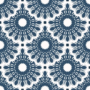 Monogramlı lüks, pürüzsüz bir desen. Beyaz ve mavi renkli arka plan. Parmak izi için iyi. Vektör.