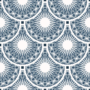 Sonsuz arkaplan ve monogram. Beyaz ve mavi renkli arka plan. Kartpostallar için iyi. Örtü illüstrasyonu.