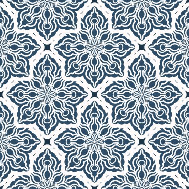 Geçmişe dönük kusursuz desenler. Beyaz ve mavi renkli arka plan. Kartpostallar için iyi. Vektör.