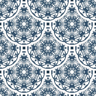 Monogramlı lüks, pürüzsüz bir desen. Beyaz ve mavi renkli arka plan. Kartpostallar için iyi. Örtü illüstrasyonu.