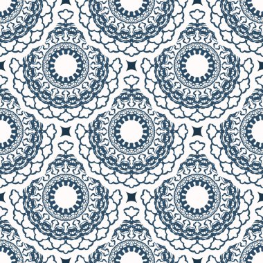 Geçmişe dönük kusursuz desenler. Beyaz ve mavi renkli arka plan. Kartpostallar için iyi. Örtü illüstrasyonu.