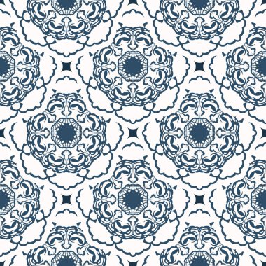 Geçmişe dönük kusursuz desenler. Beyaz ve mavi renkli arka plan. Duvar kağıdına iyi gelir. Örtü illüstrasyonu.