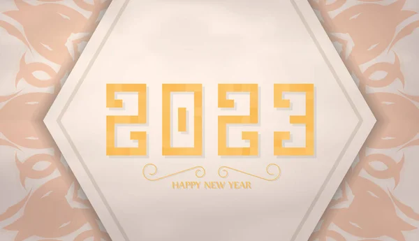 2023 Happy New Year Beige Greeting Card Ornaments Typography Template — Stock Vector
