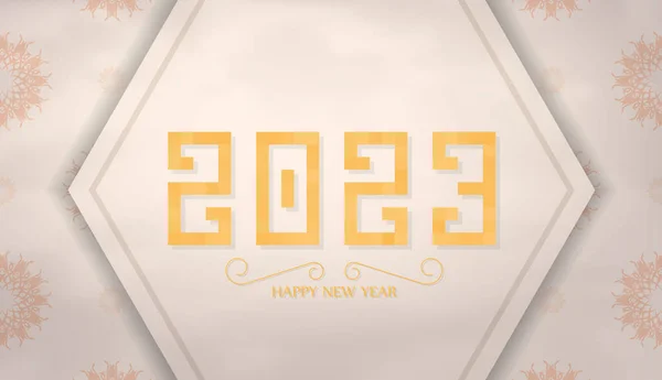 2023 Happy New Year Beige Greeting Card Ornaments Typography Template — Stock Vector