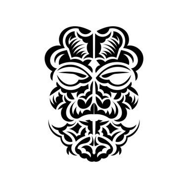 Tiki maske tasarımı. Polinezya 'nın yerel süslemelerindeki korkunç maskeler. Beyaz arka planda izole edilmiş. Dövme taslağı. Vektör.