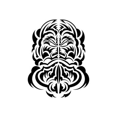Maori maskesi. Polinezya ve Hawaii 'den geleneksel dekor desenleri. İzole edilmiş. Dövme taslağı. Vektör illüstrasyonu.