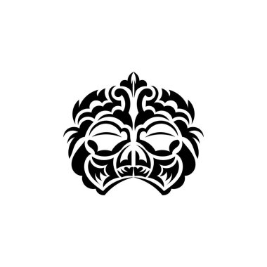 Maori maskesi. Yerel Polinezyalılar ve Hawaii tiki illüstrasyonları siyah beyaz. İzole edilmiş. Dövme taslağı. Vektör illüstrasyonu.