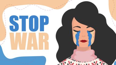 Savaşı durdurun. Kız Ukrayna bayrağının rengiyle gözyaşı döküyor. Vektör illüstrasyonu.