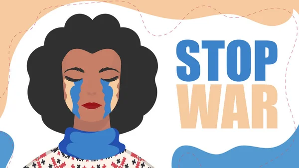 Zastavte Válku Dívka Pláče Barvě Ukrajinské Vlajky Vektorová Ilustrace — Stock fotografie zdarma