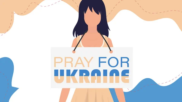 Девушка Украинского Происхождения Держит Руках Плакат Надписью Молись Украину Карикатурный — стоковый вектор