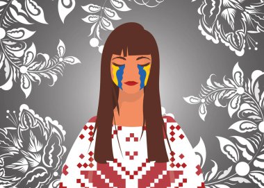 Bir kadın derede ağlıyor. Ukrayna için dua et. Savaşı durdurun. Vektör.