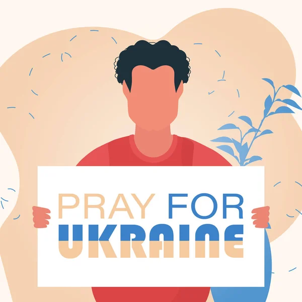 Elinde Ukrayna Için Dua Yazan Bir Bayrak Tutan Bir Adam — Stok Vektör