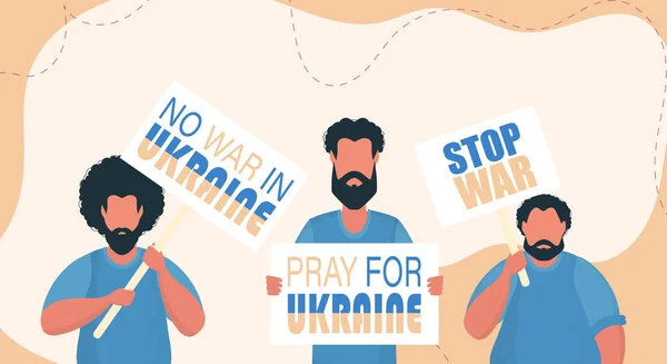 Bir Grup Adamın Elinde Bayraklar Var Ukrayna Için Dua Savaşı — Stok Vektör