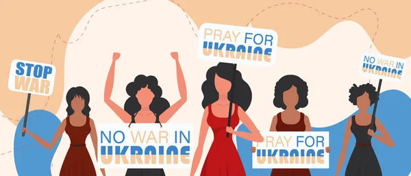 一群妇女举着横幅 为乌克兰祈祷 停止战争 卡通风格 — 图库矢量图片