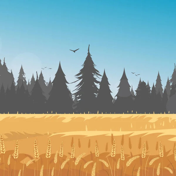 Venkovská Krajina Pšeničným Polem Modrou Oblohou Pozadí Vektorová Ilustrace — Stockový vektor
