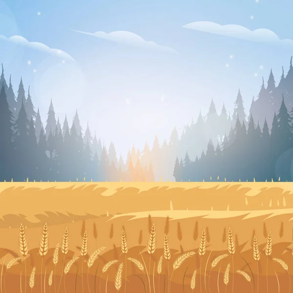 Сельский Пейзаж Пшеничным Полем Голубым Небом Заднем Плане Векторная Иллюстрация — стоковый вектор