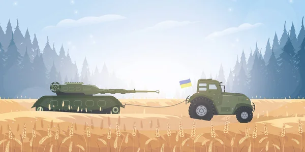 Ukraynalı bir çiftçi traktörle bir Rus tankı çaldı. Bir traktör, askeri bir tankı tarladan geçirir. Çizgi film tarzı. Vektör illüstrasyonu.