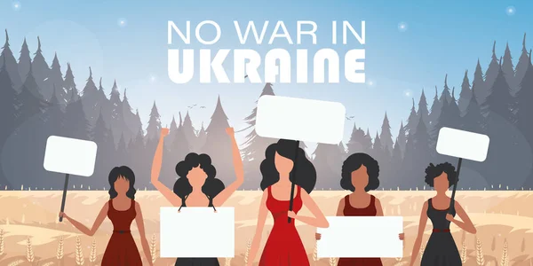 Group Women Holding Banners Pray Ukraine Stop War Cartoon Style — Free Stock Photo