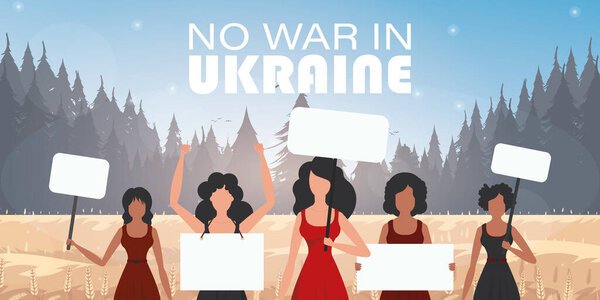 Group Women Holding Banners Pray Ukraine Stop War Cartoon Style — Stock Vector