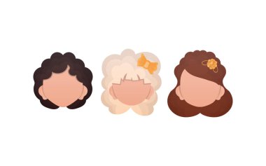 Beyaz arka planda izole edilmiş bir grup kız var. Çizgi film tarzı. Vektör.