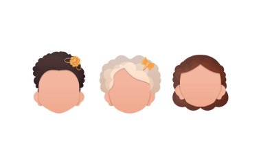 Beyaz arka planda izole edilmiş bir grup kız var. Çizgi film tarzı. Vektör.