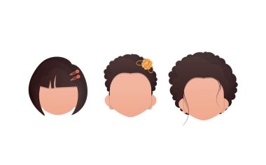 Beyaz arka planda izole edilmiş bir grup kız bebek. Çizgi film tarzı. Vektör illüstrasyonu.