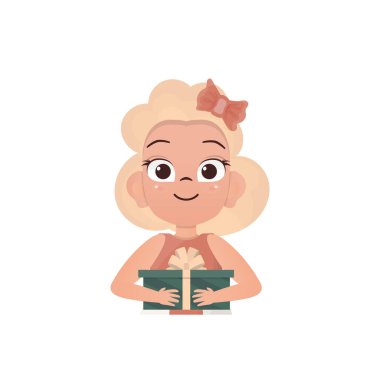 Elinde bir hediye tutan tatmin olmuş bir kız. Düz bir şekilde çizmek. Vektör.