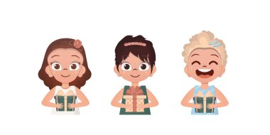 Elinde hediye olan bir grup mutlu kız. Çizgi film tarzında çizim. Vektör.