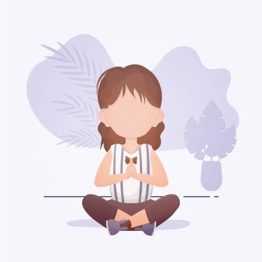 Küçük kız lotus pozisyonunda oturuyor. Sevimli yoga, farkındalık ve rahatlama. Çizgi film biçimi.
