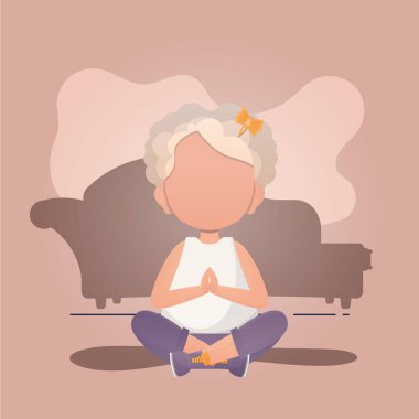 Küçük kız lotus pozisyonunda oturuyor. Sevimli yoga, farkındalık ve rahatlama. Vektör illüstrasyonu.