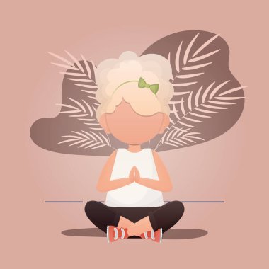 Küçük kız lotus pozisyonunda oturuyor. Yogacı çocuklar. Vektör illüstrasyonu.