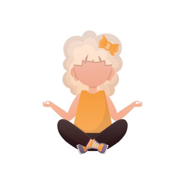 Küçük kız meditasyon yapıyor. Beyaz arka planda izole edilmiş. Vektör illüstrasyonu.