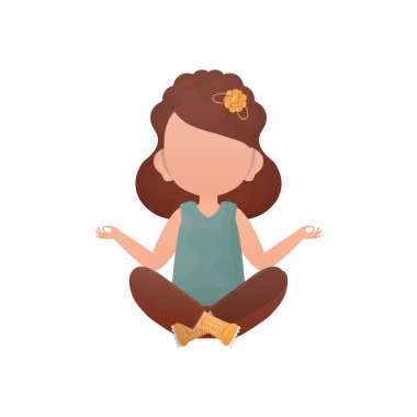 Küçük kız meditasyon yapıyor. Beyaz arka planda izole edilmiş. Çizgi film tarzında vektör illüstrasyonu.