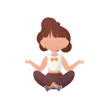 Küçük kız yoga yapıyor. Beyaz arka planda izole edilmiş. Çizgi film biçimi.