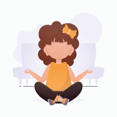Küçük kız meditasyon yapıyor. Çocuk meditasyonu. Çizgi film tarzında vektör illüstrasyonu.