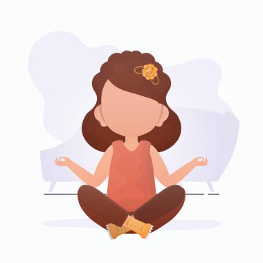 Küçük kız meditasyon yapıyor. Sevimli yoga, farkındalık ve rahatlama. Çizgi film biçimi.