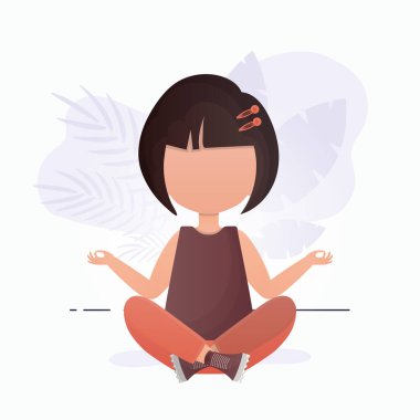 Küçük kız meditasyon yapıyor. Sevimli yoga, farkındalık ve rahatlama. Vektör.