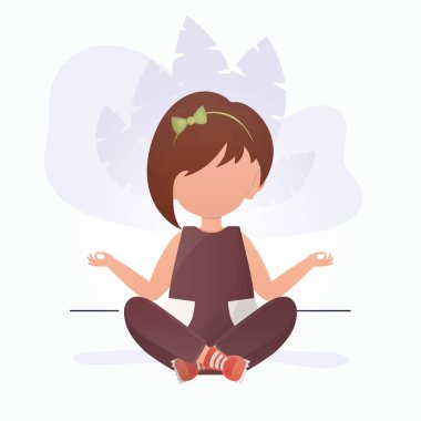 Küçük kız meditasyon yapıyor. Sevimli yoga, farkındalık ve rahatlama. Vektör illüstrasyonu.