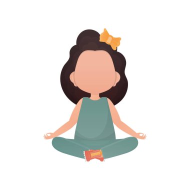Küçük kız lotus pozisyonunda oturuyor. Beyaz arka planda izole edilmiş. Vektör illüstrasyonu.