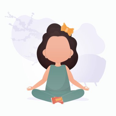 Küçük kız meditasyon yapıyor. Yogacı çocuklar. Çizgi film tarzında vektör illüstrasyonu.
