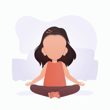 Küçük kız yoga yapıyor. Çocuk meditasyonu. Vektör illüstrasyonu.
