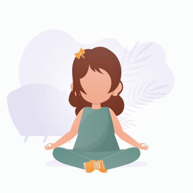Küçük kız yoga yapıyor. Çocuk meditasyonu. Çizgi film tarzında vektör illüstrasyonu.